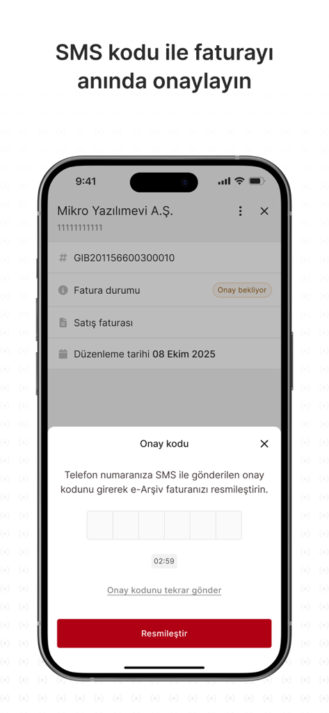 e-Arşiv Fatura Portal - SMS confirmation screen for electronic invoices in the e-Arşiv Fatura Portal app