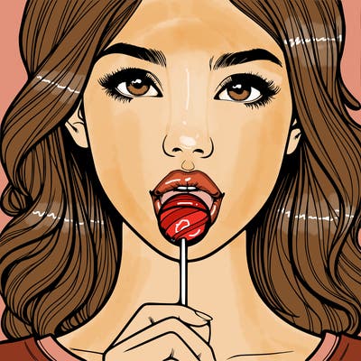 a realistic girl with a lollipop in her mouth