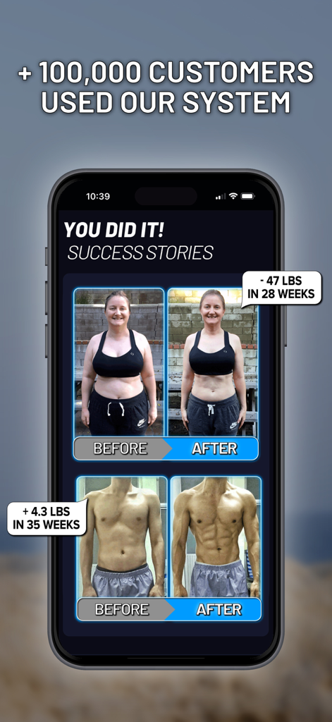 Before and after fitness transformation results from Cali Move app users