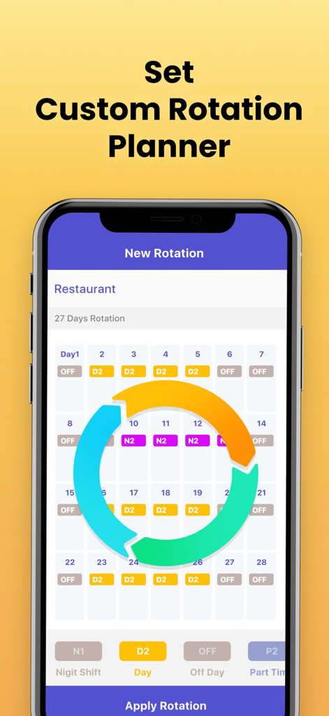 Der benutzerdefinierte Rotationsplaner-Bildschirm in der Spoke-App zum Einrichten wiederkehrender Arbeitsschichten