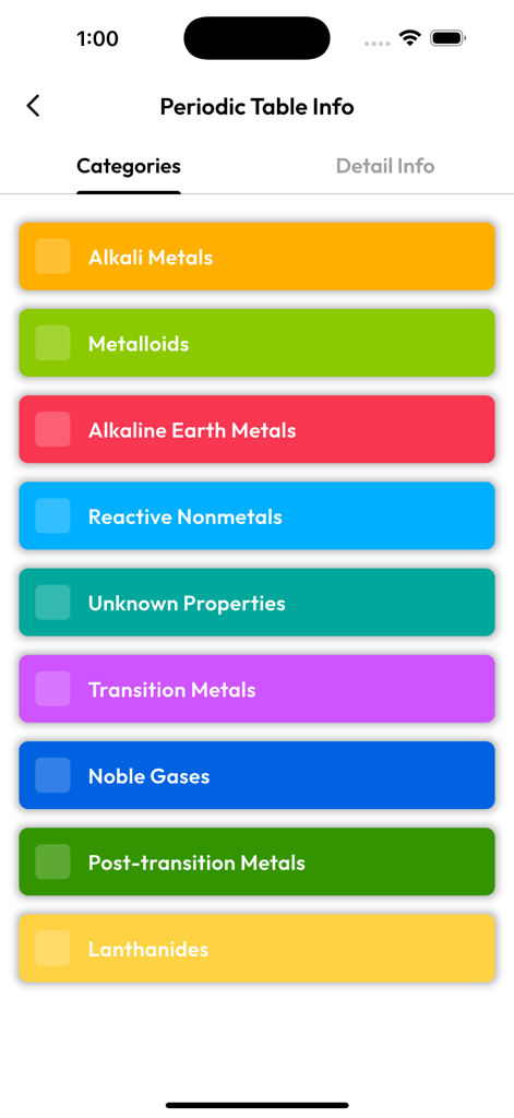 Perodic Table - Un écran mobile montrant une liste de catégories d'éléments chimiques codées par couleur comme les métaux alcalins et les gaz nobles