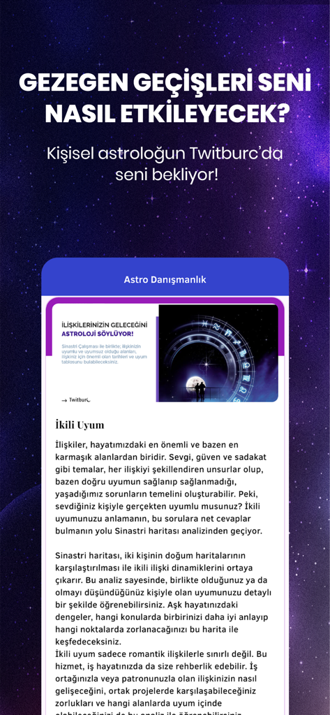 Twitburc: Astroloji & Burçlar - Twitburc app interface showing relationship compatibility analysis and astrological guidance in Turkish