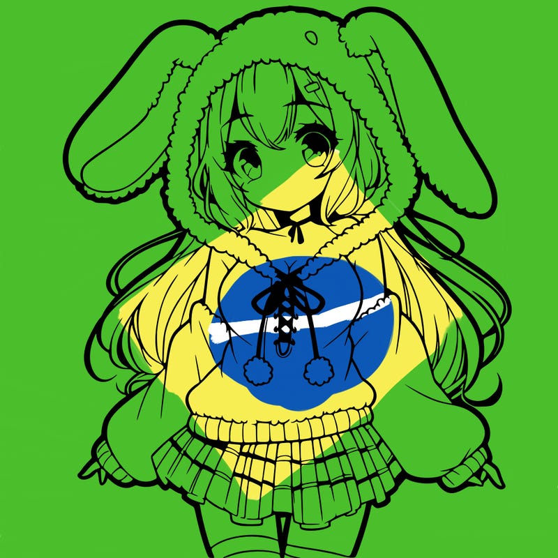 pretty anime girl wearing a fluffy hoodie with bunny ears on the hood and a skirt