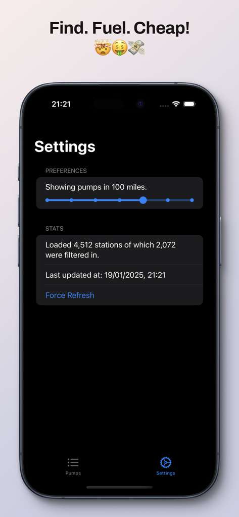 Fuel Buddy app settings screen showing distance preferences and station statistics