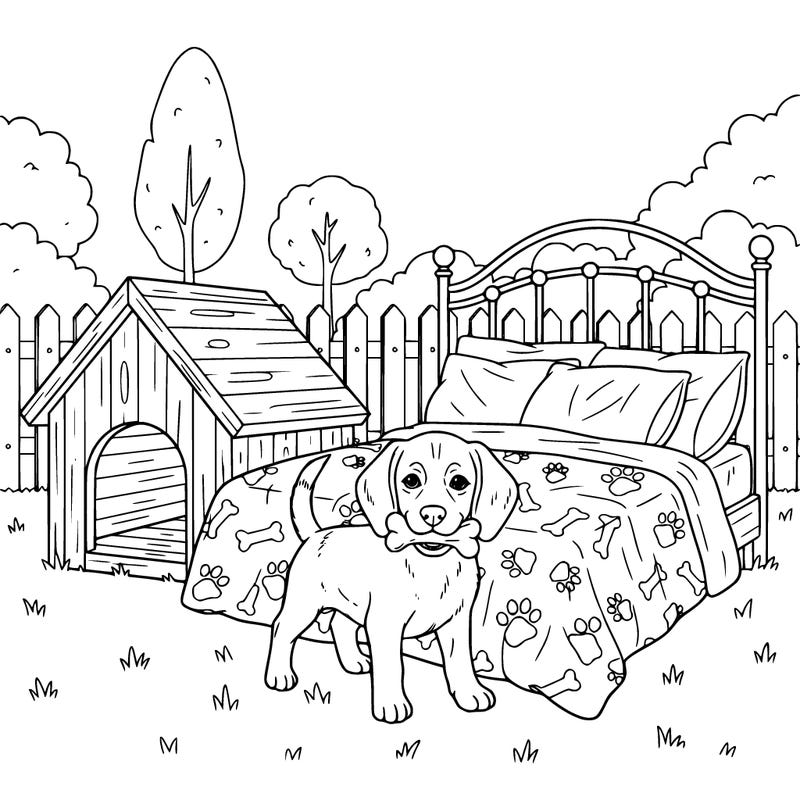 border beagle puppy on a bed outside next to a dog house with a toy in her mouth.