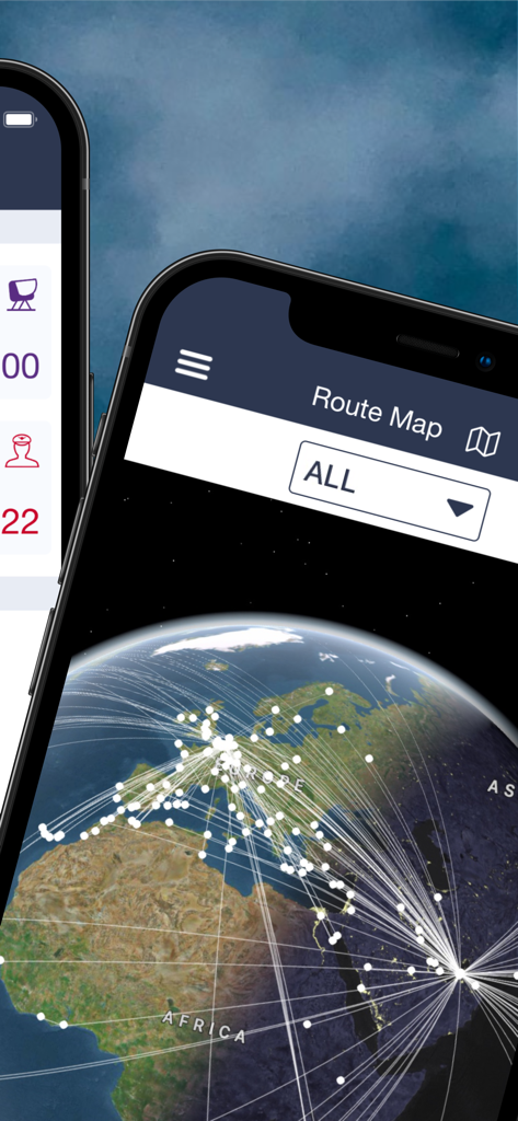 PILOTLOG - CrewLounge AERO - Pilotlog app route map showing global flight paths on a 3D globe.