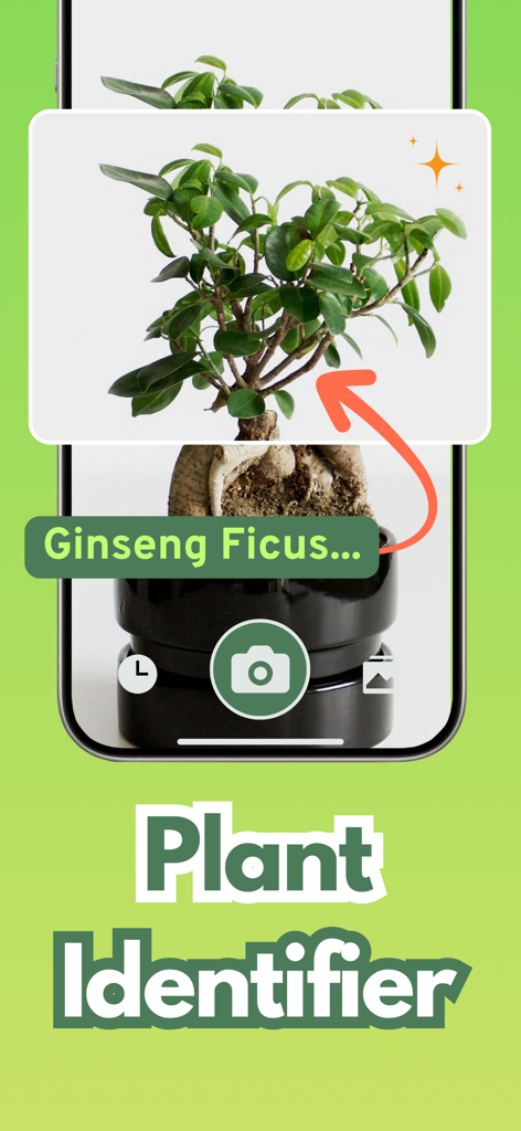 A smartphone interface showing the PlantIQ AI app identifying a Ginseng Ficus plant with a camera scan