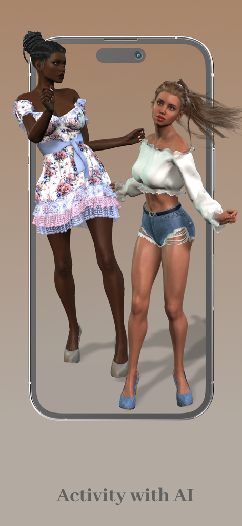 My AI Friend - Virtual Chatbot - Two 3D virtual AI companions posing on a smartphone screen with the text Activity with AI