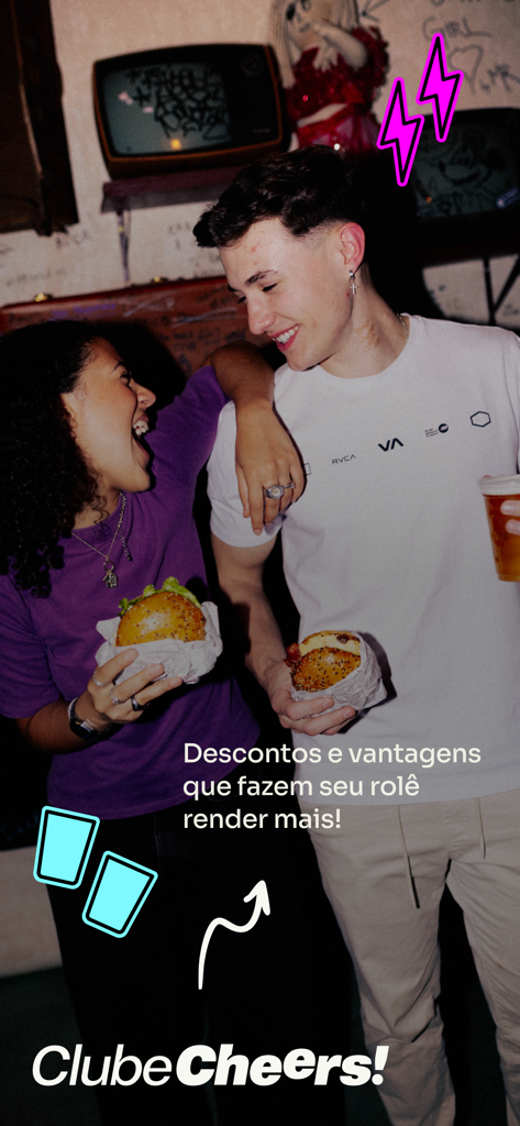 Young adults enjoying a night out with burgers and drinks highlighting the social perks of Cheers App