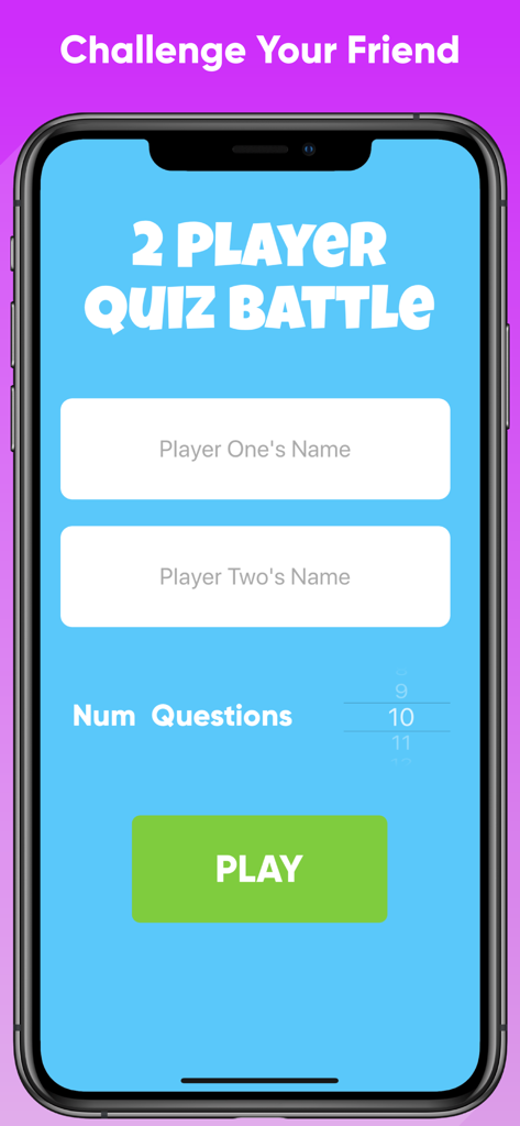 2 Player Quiz - Battle Game - Setup screen for 2 Player Quiz Battle Game showing player name entry and question count selection