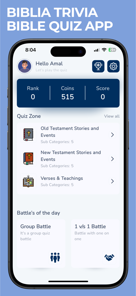 Biblia Trivia | Bible Quiz App - Pantalla de inicio de la aplicación Biblia Trivia mostrando categorías de quiz para el Antiguo y Nuevo Testamento y modos de batalla multijugador