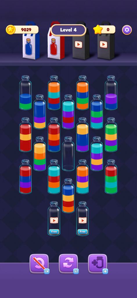 A color sorting level in Water Match ASMR featuring layered water in glass bottles.