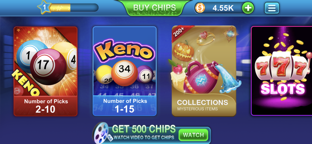 Main menu screen of Keno Kino Lotto showing Keno and Slots game options