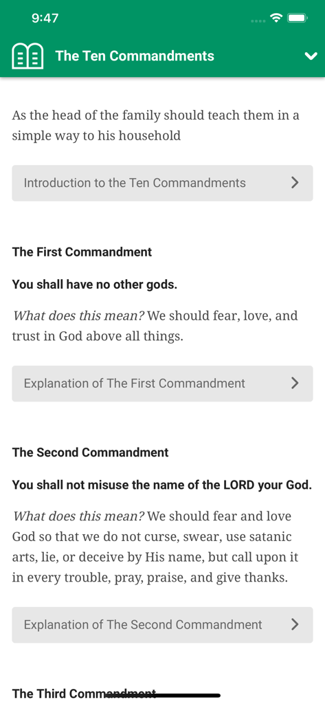 L'écran des Dix Commandements dans l'application mobile Petit Catéchisme de Luther