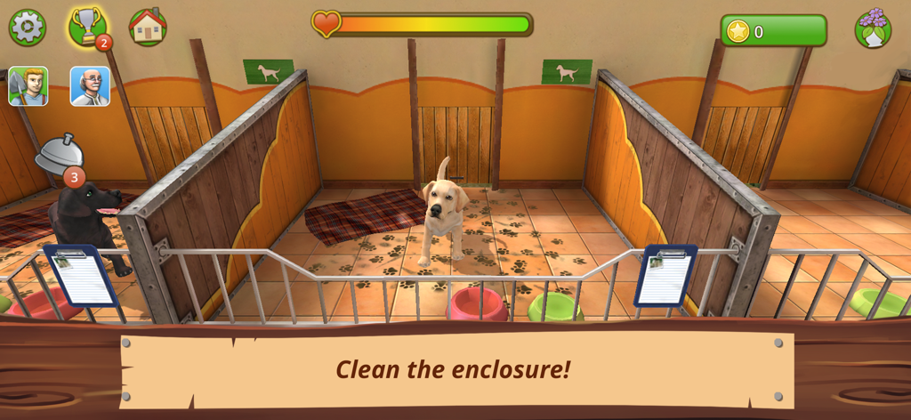 Capture d'écran du jeu montrant un chien dans un enclos sale, avec une invite à le nettoyer.