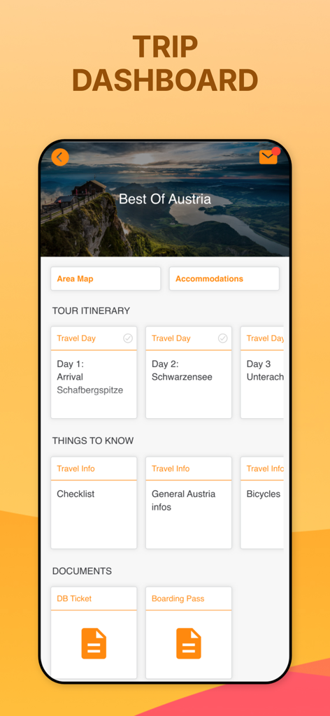 GUIBO - Painel de viagem do aplicativo GUIBO mostrando um roteiro de passeio pela Áustria com atividades diárias e documentos de viagem digitais