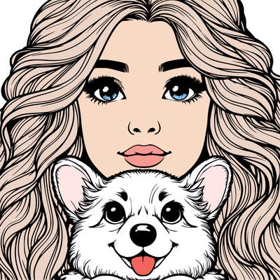 realistic girl face with a nose and wavy hair and a corgi dog in her arms