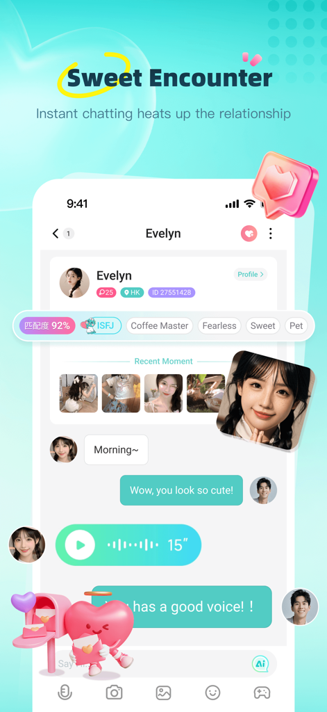 Dino app chat interface showing a user profile for Evelyn with MBTI tags and a conversation with voice and text messages