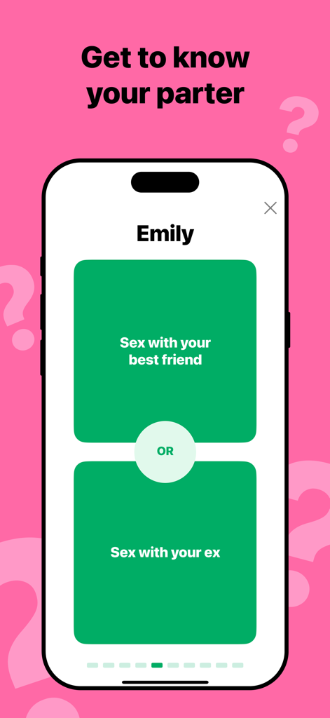 QinQai: Choose One for Couples - Uma tela de celular mostrando um jogo de escolha para casais do aplicativo QinQai com duas opções para Emily