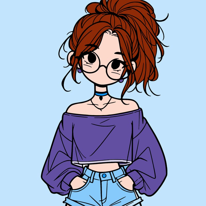 girl with a messy ponytail glasses a baggy crop top and jean shorts