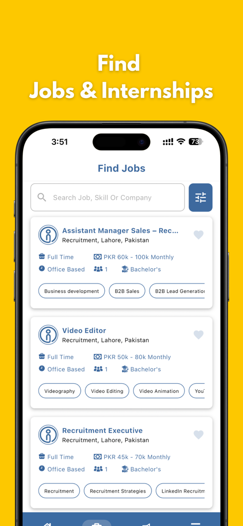 Search O Pal - Search O Pal app interface displaying job and internship listings in Pakistan