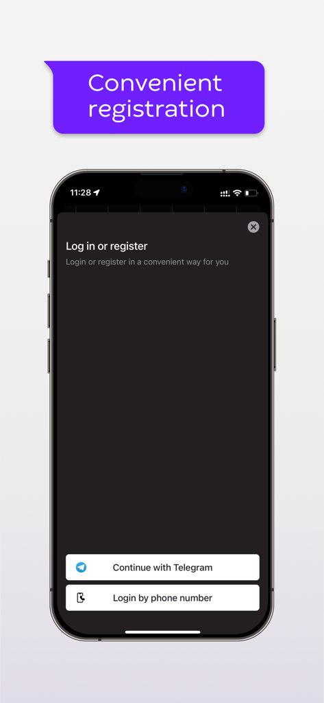 Registration screen of the KEEP IN TOUCH powerbank rental app showing login options