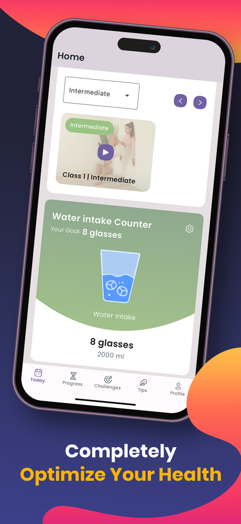 Wall Pilates: Fit Weight Loss - A smartphone screen displaying the Wall Pilates app home page with an intermediate workout video and a daily water intake counter.