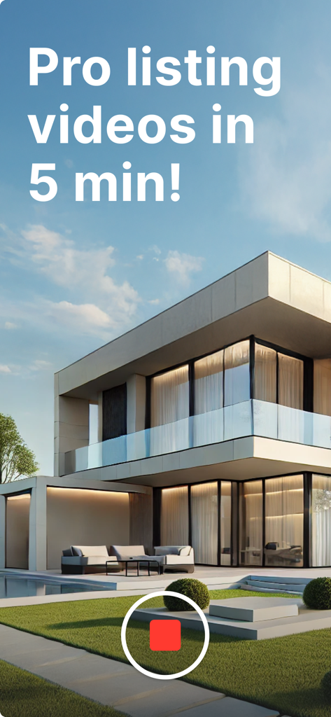 Momenzo: Real Estate Videos - A modern luxury home with text overlay saying pro listing videos in 5 minutes and a red record button