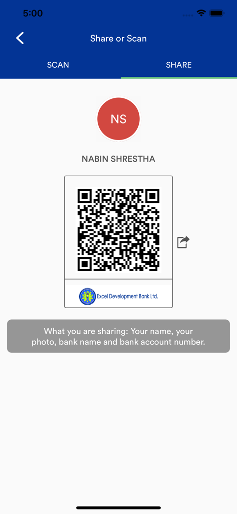 Ein QR-Code-Freigabebildschirm in der Excel Smart Mobile-Banking-App