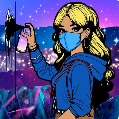 realistic girl with mask spray painting a wall