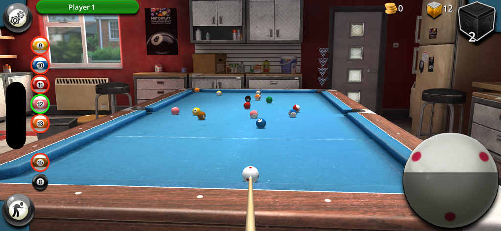 Pantalla del juego Torneo de Billar con gráficos 3D e interfaz de control de la bola blanca