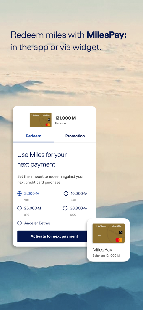 Miles & More - Interfaz MilesPay de la aplicación Miles and More para canjear millas ganadas en compras con tarjeta de crédito