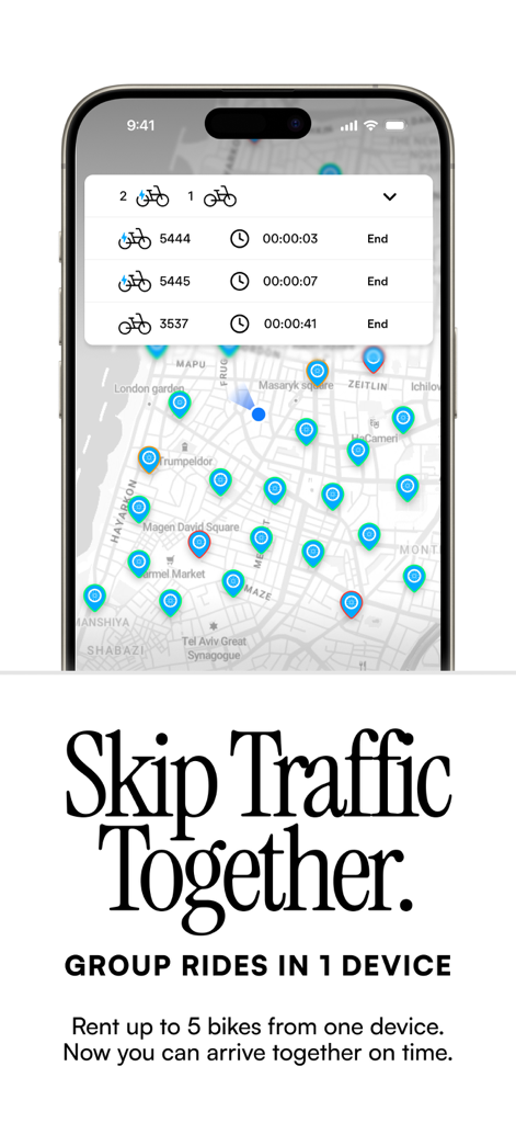 Metrofun® - Making Bikes Fun. - Metrofun app screen showing group bike rentals for multiple users on one device.