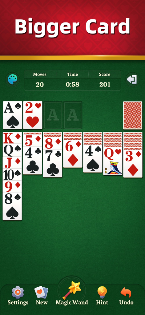 Zen Card: Classic Solitaire - Pantalla del juego Solitario Klondike Clásico con cartas grandes y fuentes fáciles de leer sobre un fondo verde