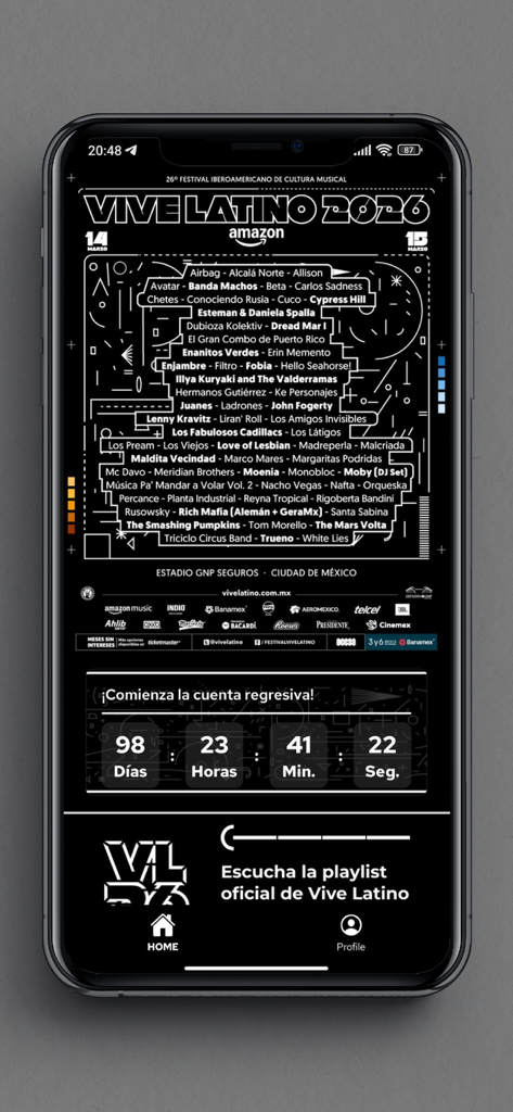 Vive Latino - Pantalla de inicio de la aplicación del festival Vive Latino 2026 con el cartel de artistas y cuenta regresiva