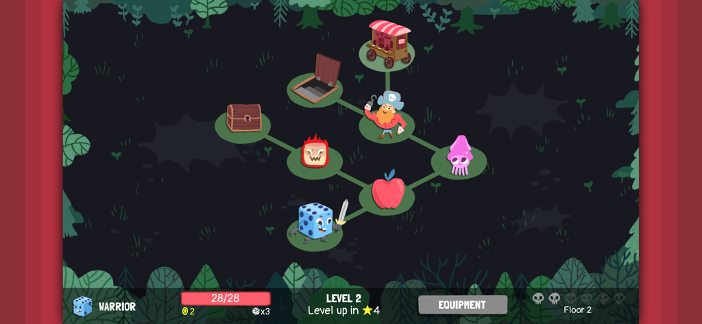 Dicey Dungeons - Blue dice character exploring a dungeon map with enemies and treasures in Dicey Dungeons.
