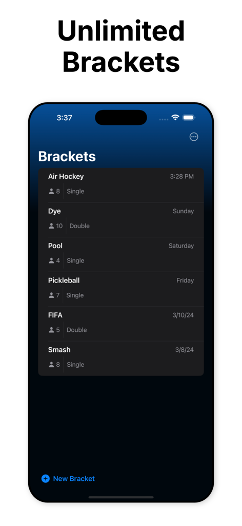 Bracket App - ダークモードで表示された、様々なスポーツやゲームのトーナメント表のリスト。