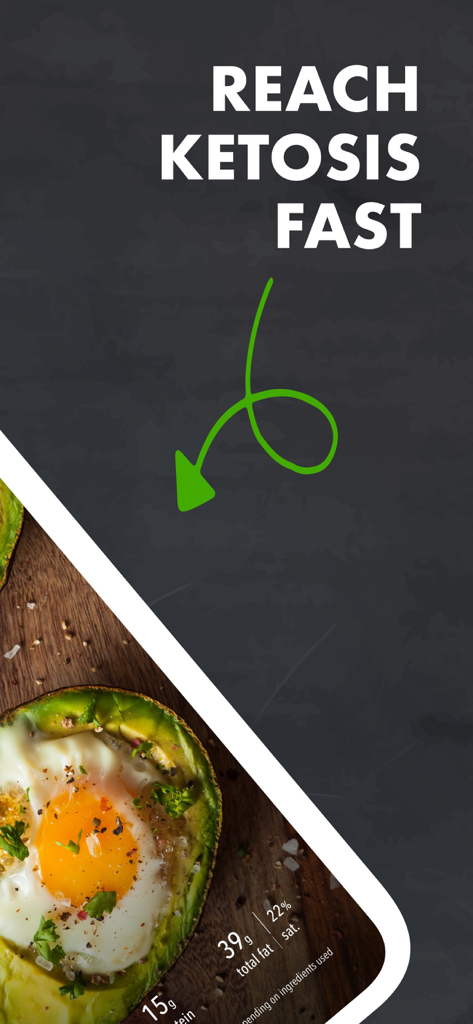 Keto Diet App promotional screen featuring a baked avocado egg recipe and text saying Reach Ketosis Fast