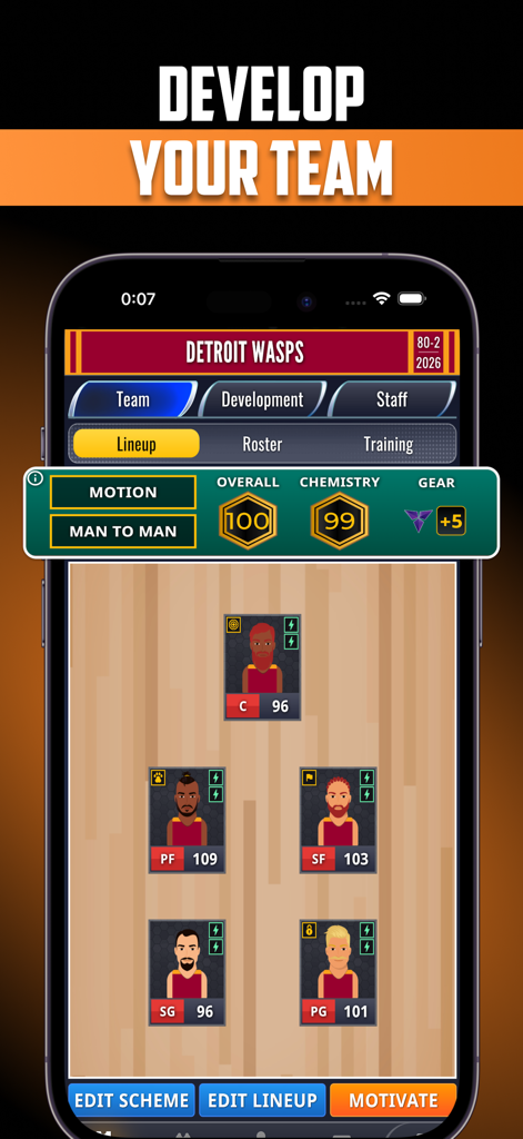 Ultimate Pro Basketball GM - Mobile game interface showing basketball team lineup management with player ratings and team chemistry stats