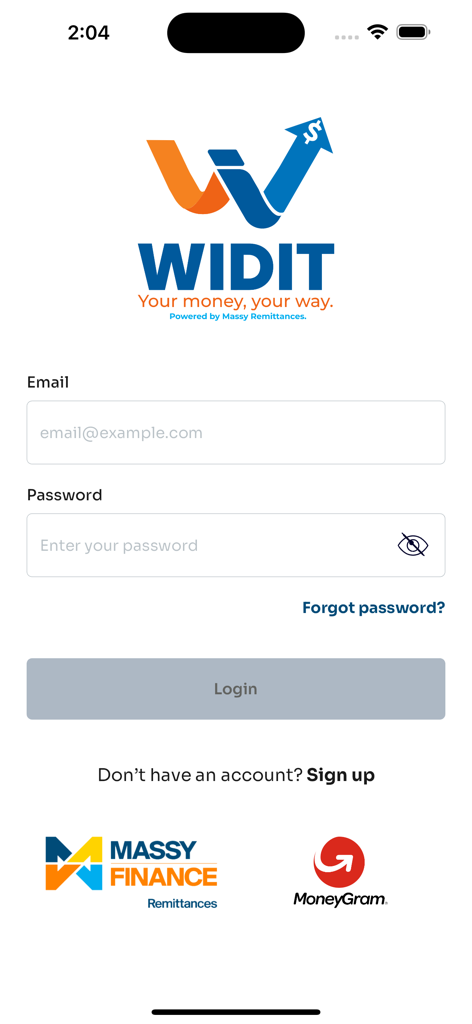 Pantalla de inicio de sesión de la aplicación WIDIT con campos de correo electrónico y contraseña potenciados por Massy Remittances