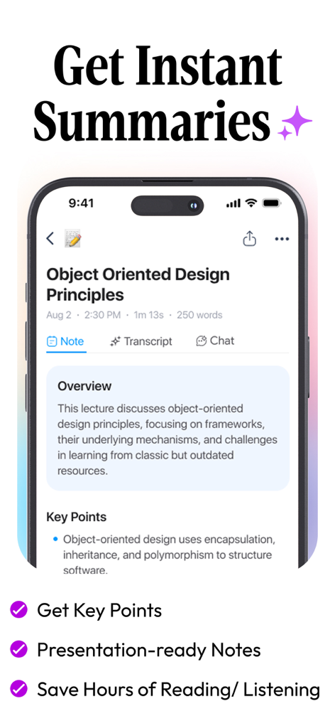 Greatnotes5 - AI Notes Taker - Greatnotes5 app interface displaying an AI-generated summary and key points of a lecture on an iPhone