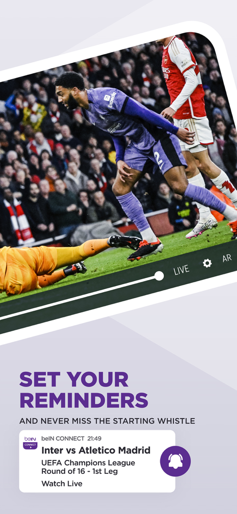 A soccer match being streamed on the beIN CONNECT app with a push notification reminder for a Champions League game