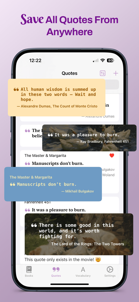 Bookopedia: Note-Taking Books - Capture d'écran de l'application Bookopedia montrant une liste de citations de livres enregistrées, stylisées avec des couleurs personnalisées et des images d'arrière-plan.