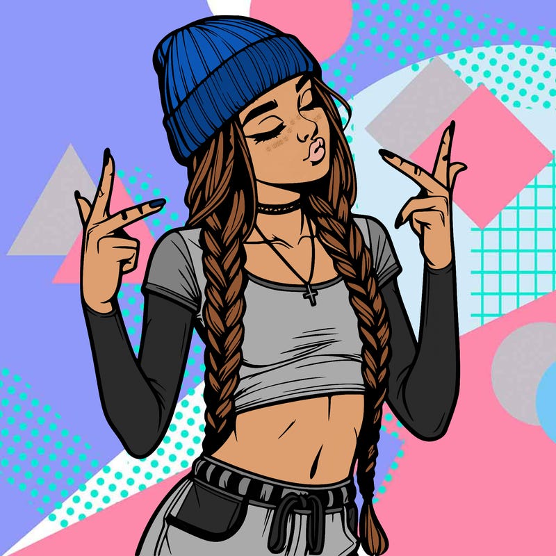 realistic teenage girl with braids and a beanie and crop top doing 🫶🏼