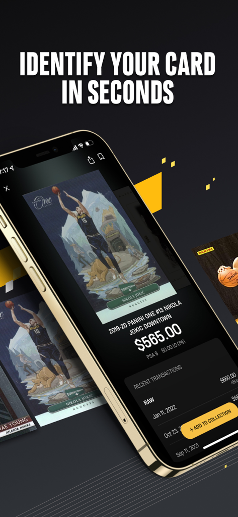 Center Stage: Sports Cards - A smartphone displaying the Center Stage app identifying a basketball card and its current market price.