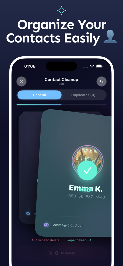 A smartphone screen displaying a contact cleanup feature with a swipe to keep or delete interface