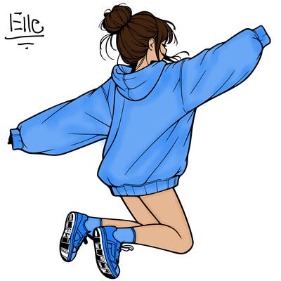realistic girl jumping with a bun and oversized sweatshirt