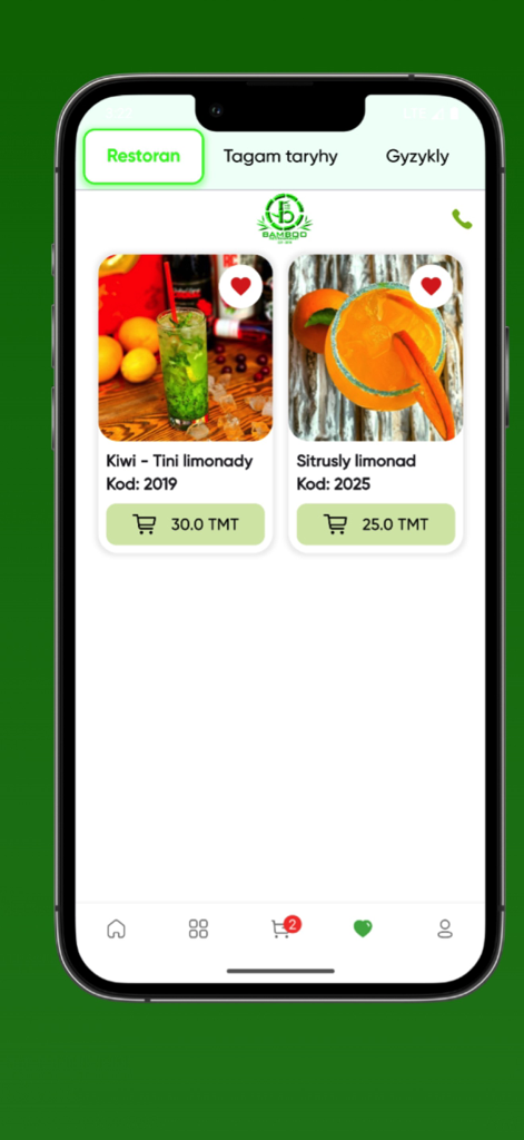 Bamboo Ho-Go Restaurant - The menu screen of the Bamboo Ho-Go Restaurant app featuring a variety of lemonades and drink options with prices