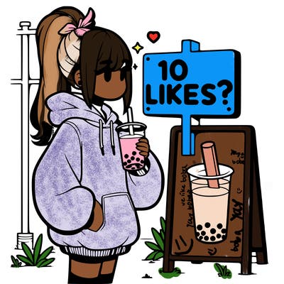 girl with oversized hoodie drinking boba and she has a high ponytail with a sign that says 10likes?