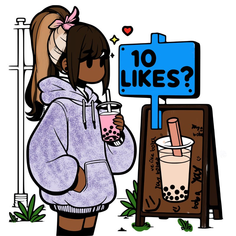 girl with oversized hoodie drinking boba and she has a high ponytail with a sign that says 10likes?